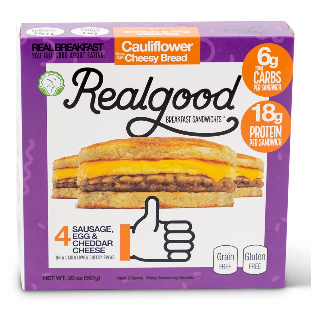 Food carton for Realgood breakfast sandwiches. Custom packaging by PLC Print.
