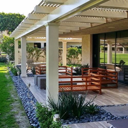 Custom Alumawood pergola with 10" square fiberglass columns and mitered corner.