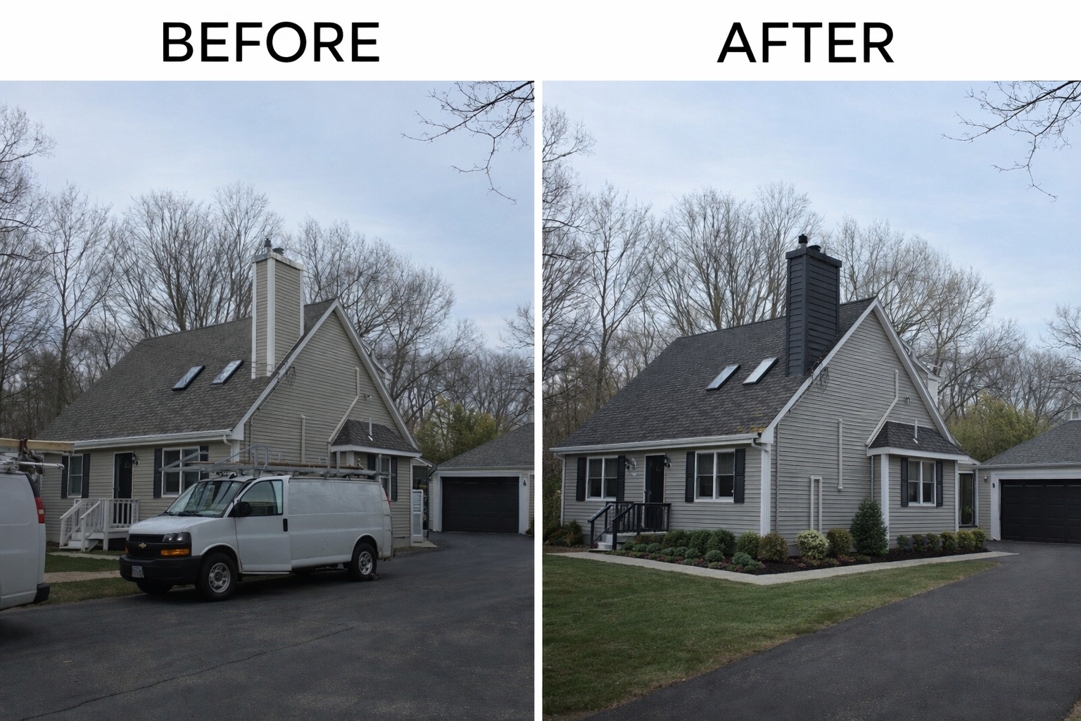 Before & after roof upgrade in Norfolk, MA. New shingles, chimney wrap, and clean finish. Strong protection and a fresh look. Need a reliable roofing contractor near you? Pride Exteriors Corp is ready to help