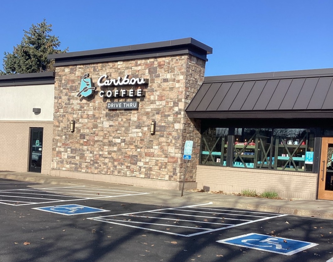 Storefront of the Caribou Coffee at 2751 County Road E in White Bear Lake