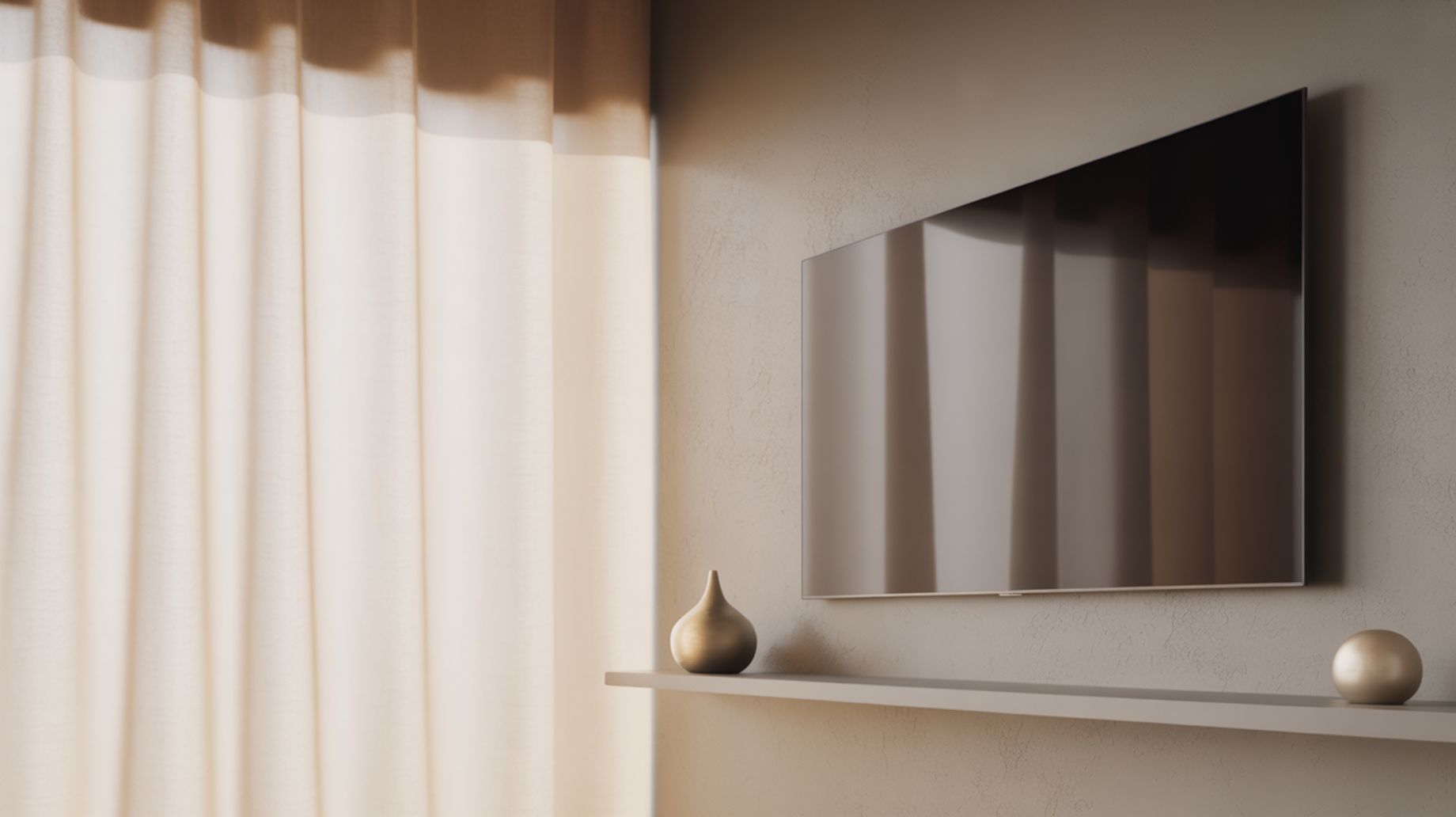 A modern living room featuring a wall-mounted television, a decorative shelf with two metallic spher 