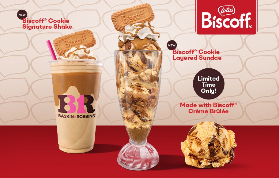 Introducing our new Biscoff® Cookie Layered Sundae, Signature Shake & Cake in a Box made with Biscoff® Crème Brûlée Ice Cream! Grab these irresistibly indulgent treats while they’re here.