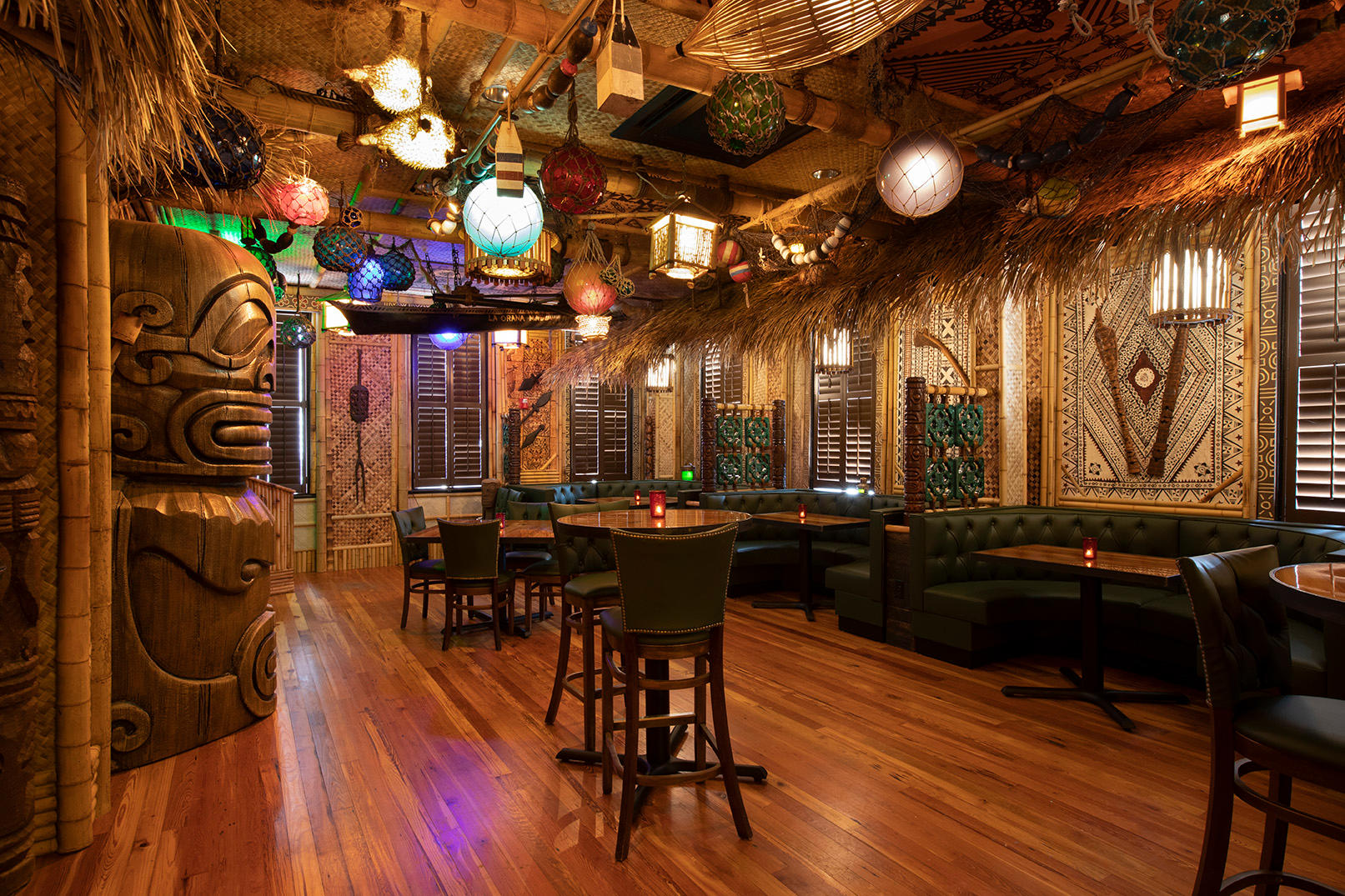 The Bamboo Room tiki bar is an immersive, exotic tropical hideaway nestled in the heart of Downtown Savannah. The design of The Bamboo Room features a collection of artifacts sourced from around the globe, personal collections, and hand-carved one of a kind items.