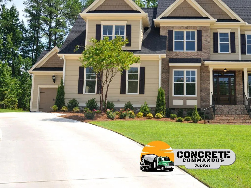 A custom smooth-finish concrete driveway and front entry pathway leading up to a multi-story luxury  
