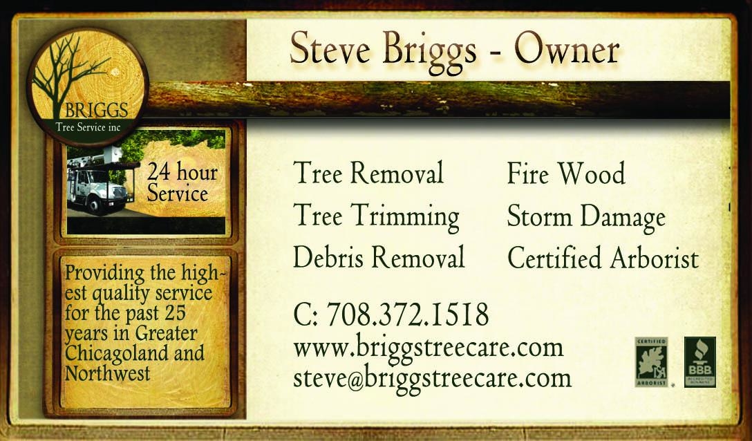 Business Card for Briggs Tree Service in Lansing Illinois