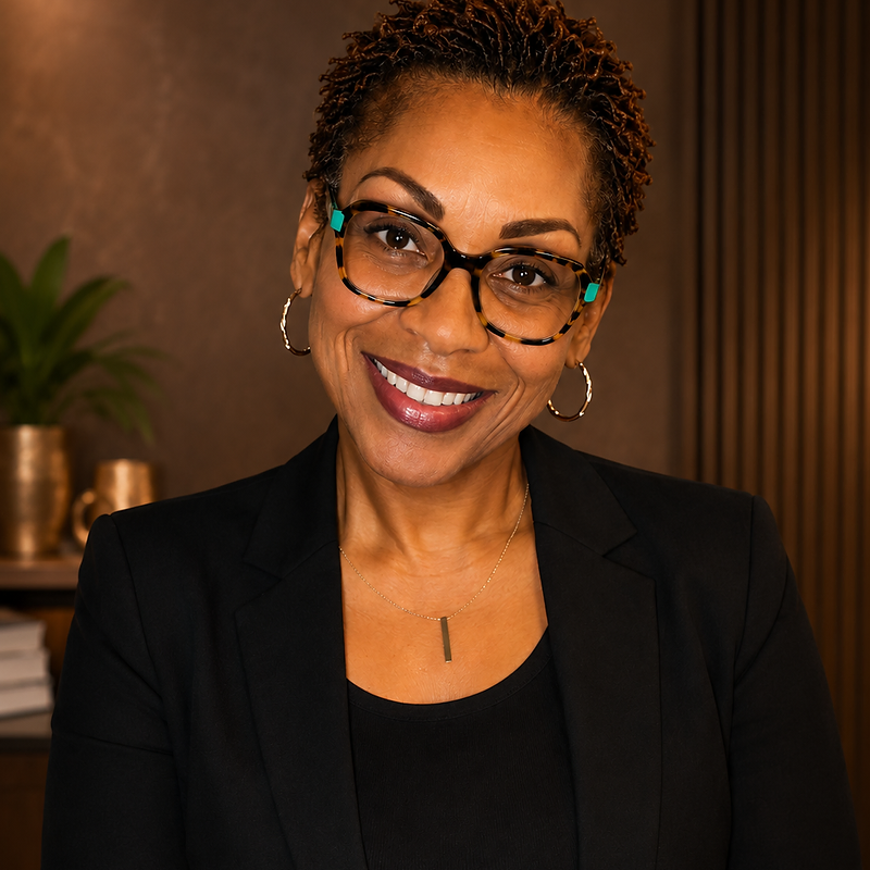 A close-up portrait of a professional Black woman wearing a black blazer, glasses, and a simple pendant necklace. She has short, textured hair and is smiling warmly at the camera. The background is a warm, neutral tone with a hint of a plant and a decorative element.