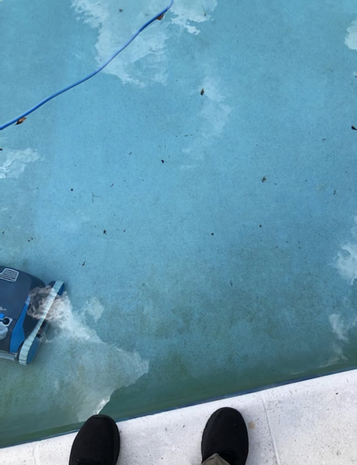 Close-up of a swimming pool floor showing discoloration, staining, and debris in the water.
