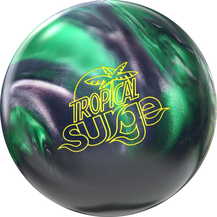 A bowling ball with a swirling pattern of green, purple, and black, and a yellow logo that reads "Tropical Surge" with a palm tree.