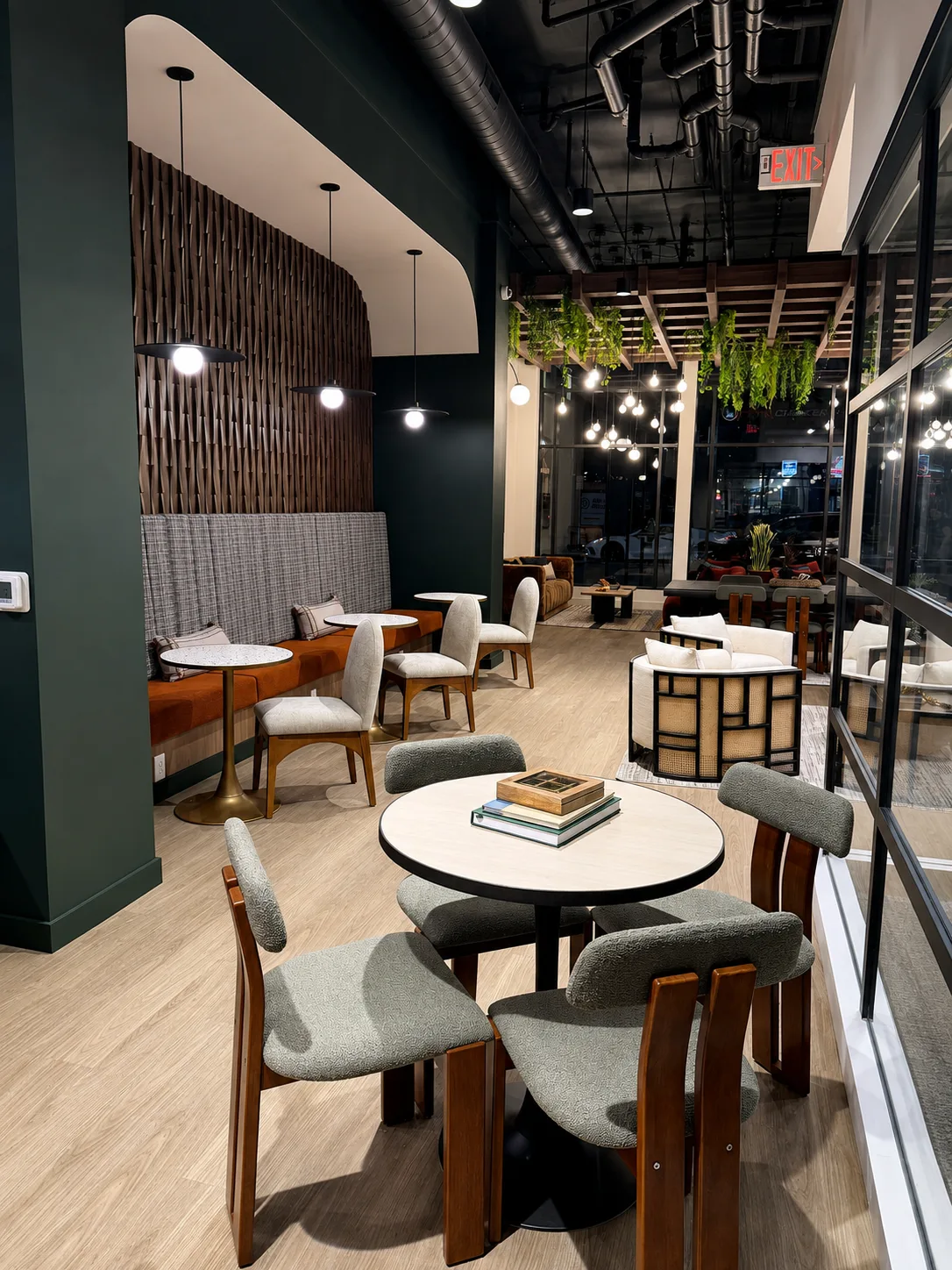 A modern cafe with wooden chairs and tables
