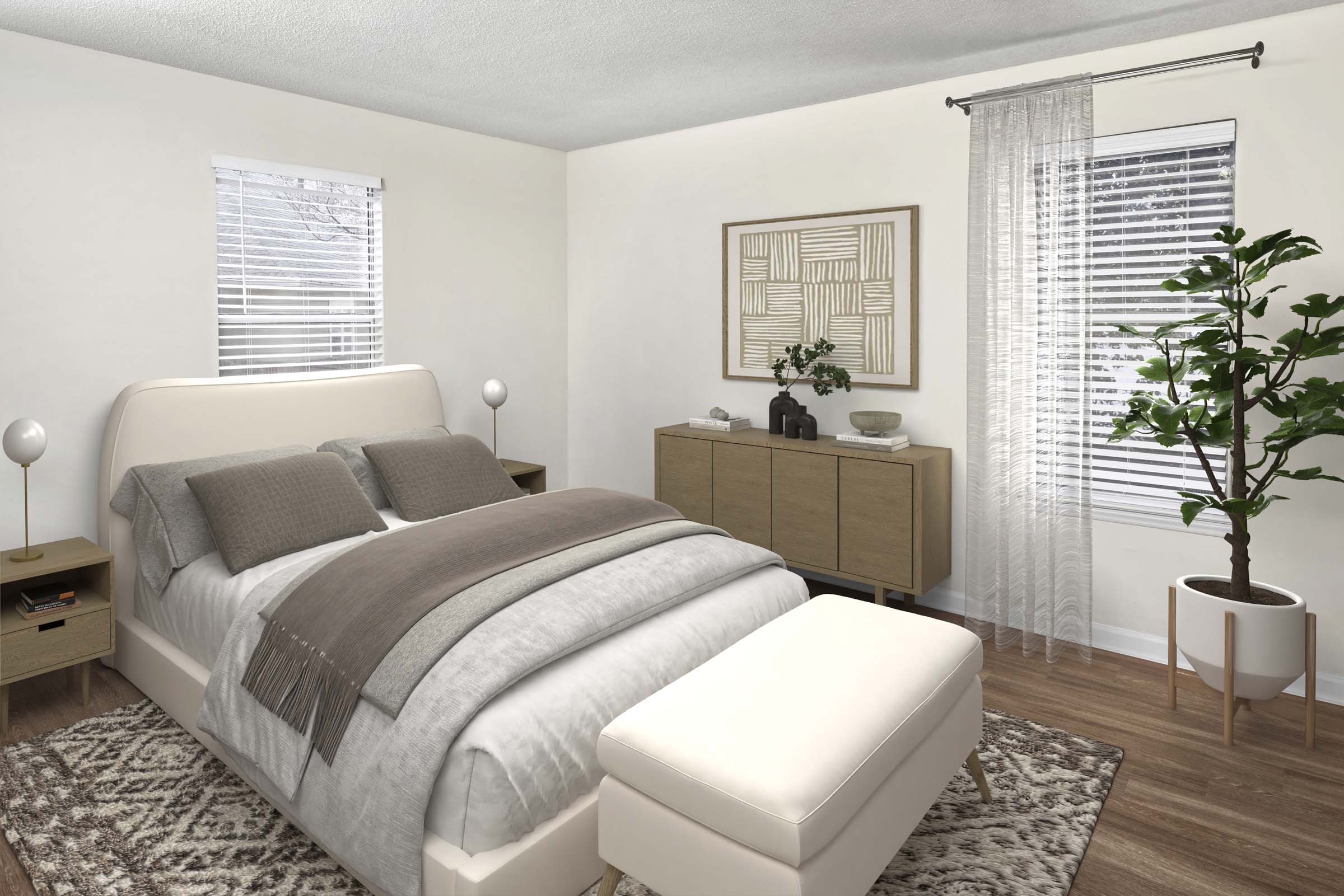 Bedroom with wood-style flooring at Camden Touchstone apartments in Charlotte, NC