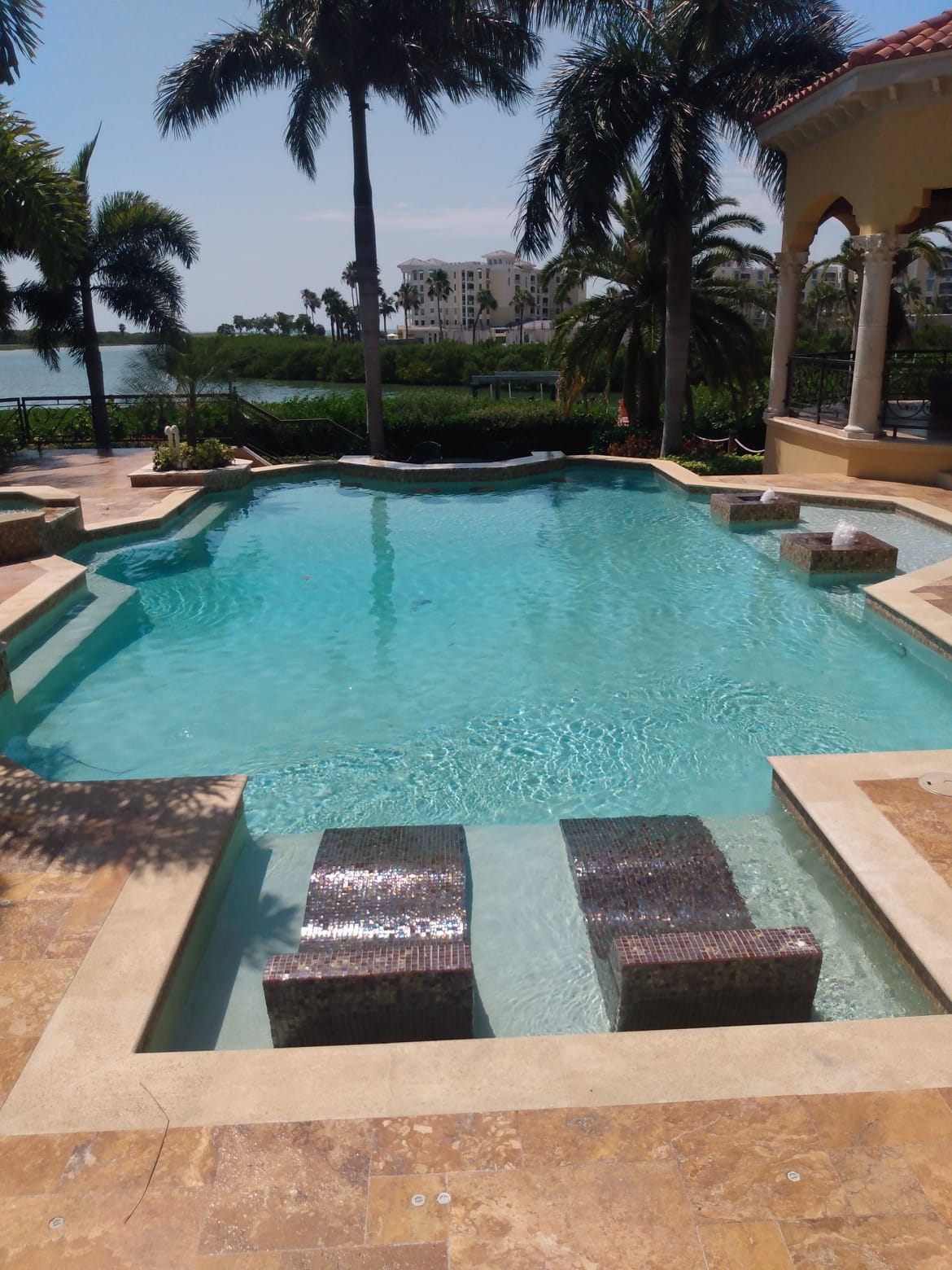 Luxury backyard swimming pool with a shallow sun shelf, in-pool lounge chairs, tropical palm trees, and stone decking.