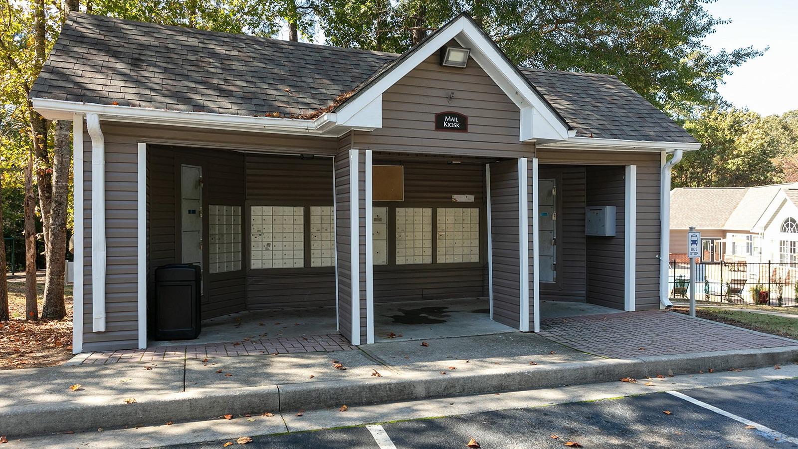 Covered outdoor mail kiosk.