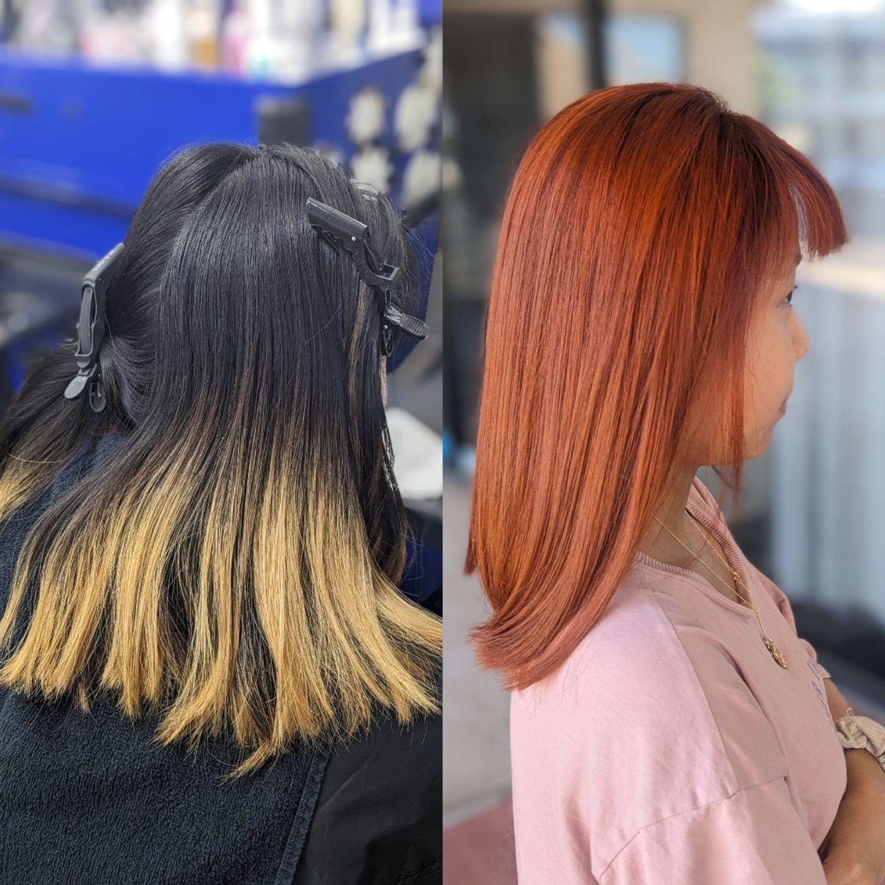 Two toned dark and light to a beautiful red color hair.