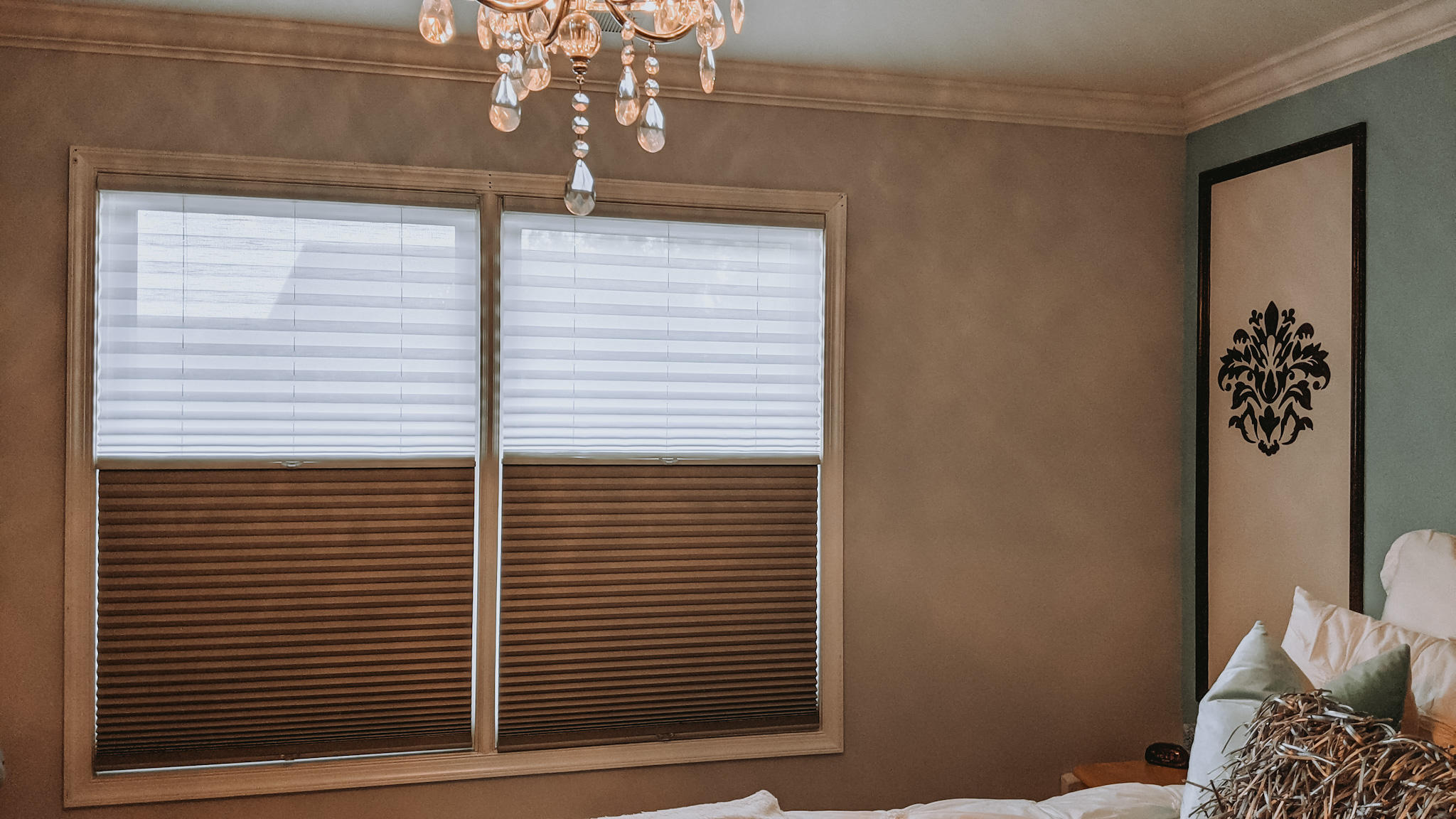 Sleep better this summer with some gorgeous blackout shades. Pictured here are our Honeycomb shades in an elegant bedroom in Manalapan, NJ.