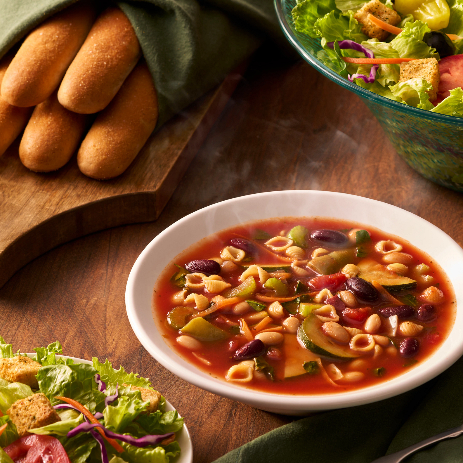 Minestrone: Fresh vegetables, beans and pasta in a light tomato broth.