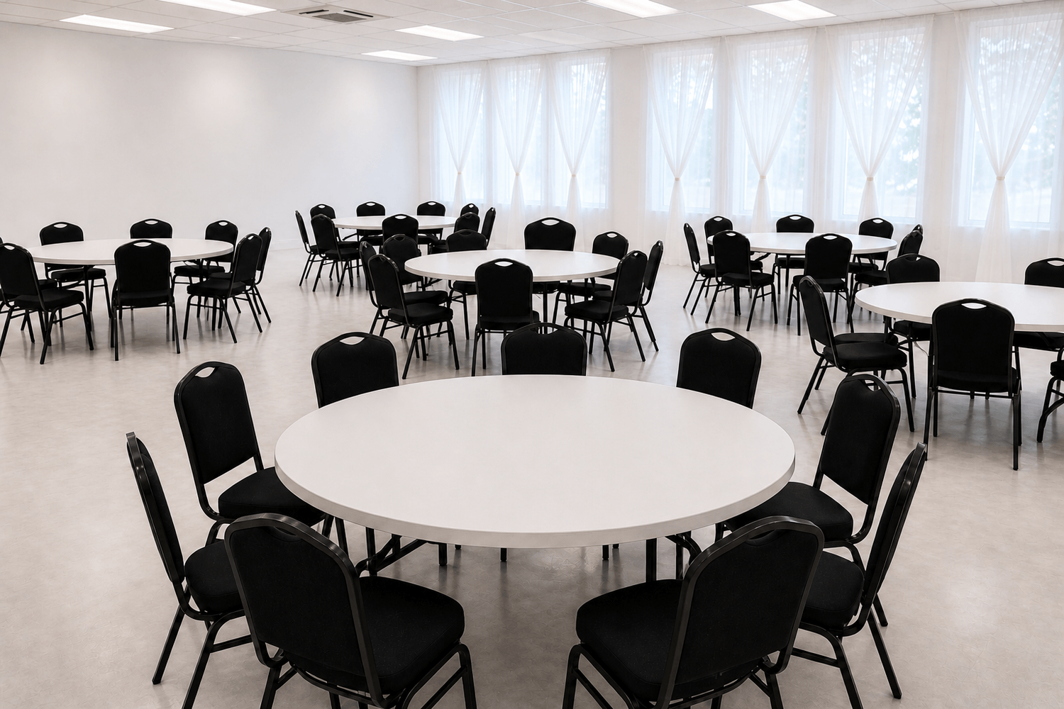 A wide shot of a spacious room with multiple round tables and black chairs, set up for an event. The room has white walls and a white ceiling with fluorescent lighting. Large white curtains cover the windows, allowing natural light to filter in. The floor is a light grey, and the tables are white and circular, each surrounded by several black chairs. The setup suggests a conference, banquet, or similar gathering space.