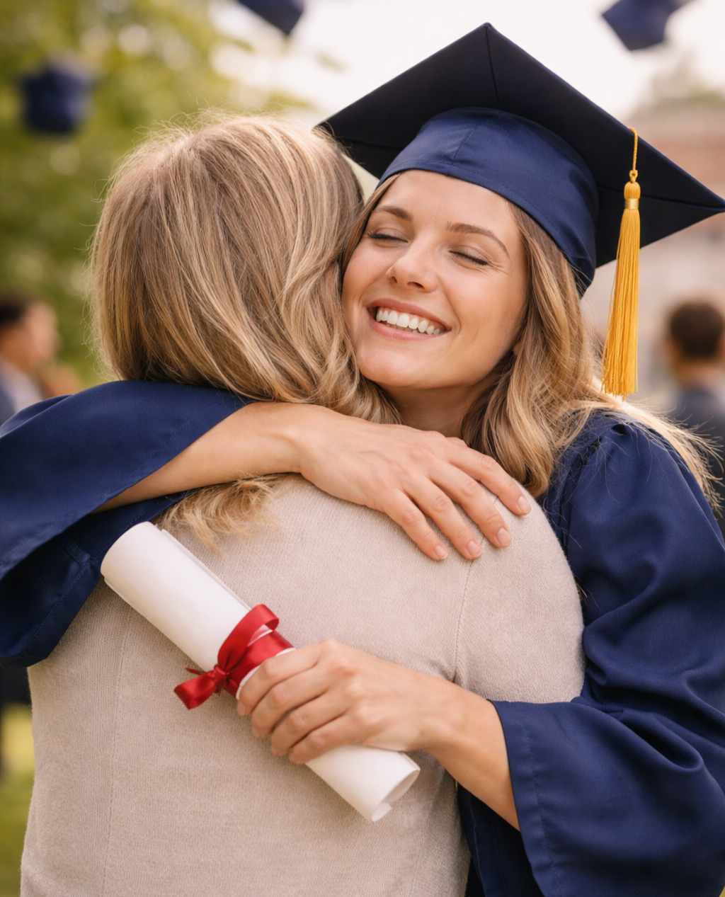 Student hugging parent at graduation with scholarship award