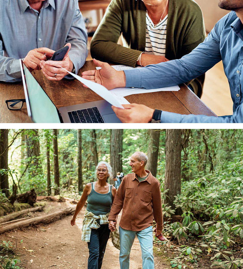 A picture of clients working with their financial advisor next to a picture of clients on a walk in a forest.