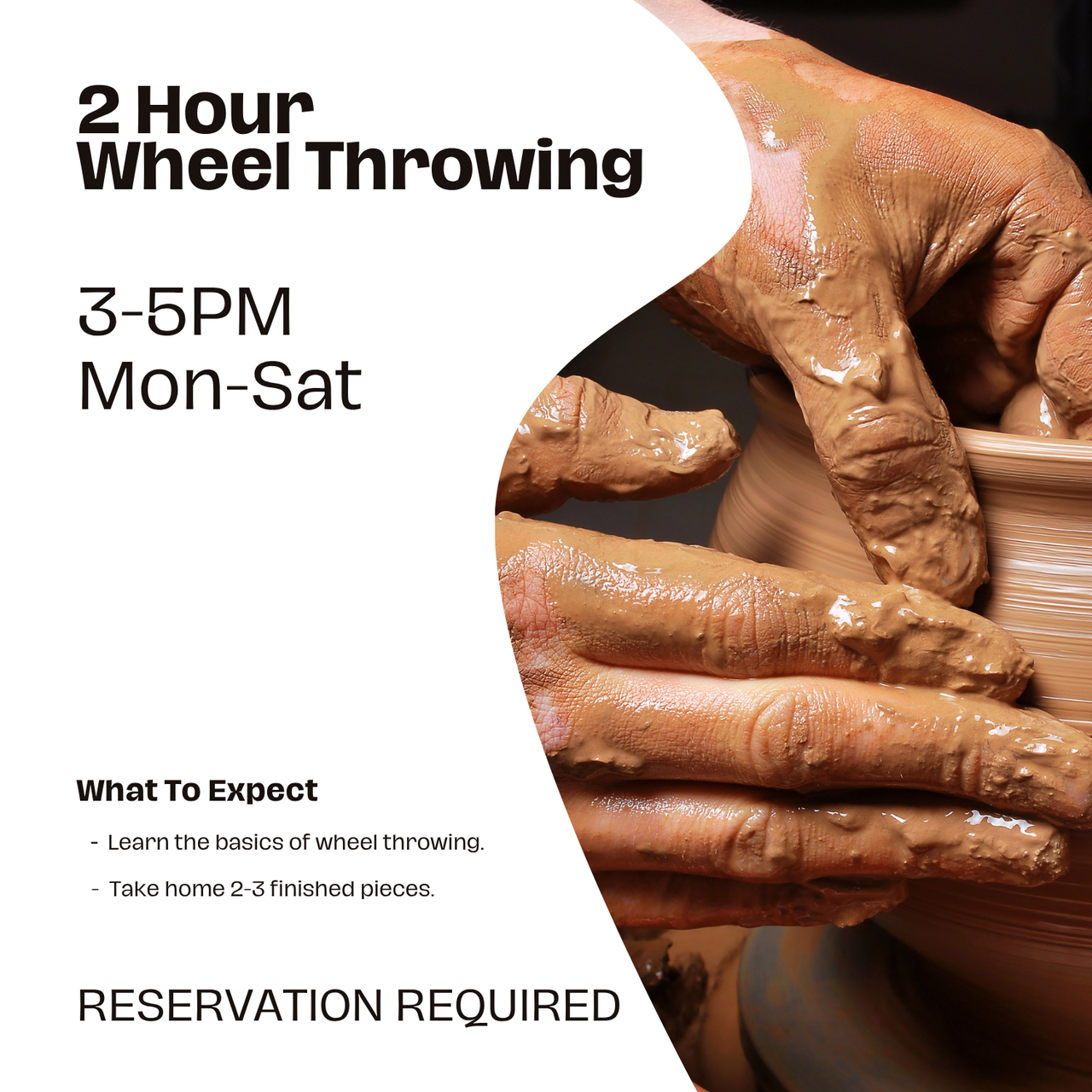 2 Hour Wheel Throwing ????????
$135.00 ????
3–5pm Monday–Saturday ????⏰
No experience required ????✨
Learn the basics of wheel throwing ????????
Take home 2–3 finished pieces with the help of one of our instructors ????✨????????