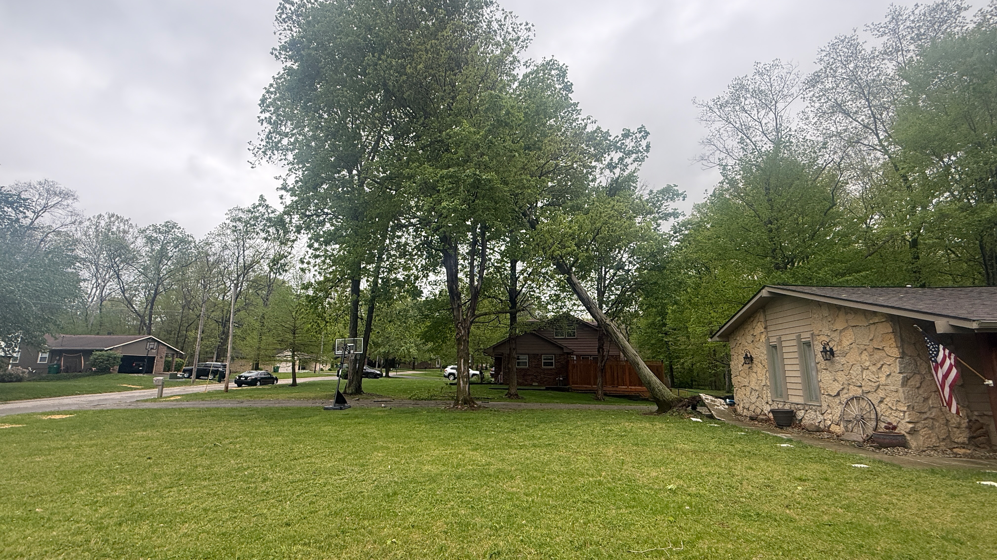 A cloudy day scene of a residential neighborhood with several houses, cars, trees, and a basketball hoop. In the foreground, a neatly mowed green lawn stretches towards a house with a stone facade and an American flag. In the background, other houses and cars are visible, nestled among lush green trees.