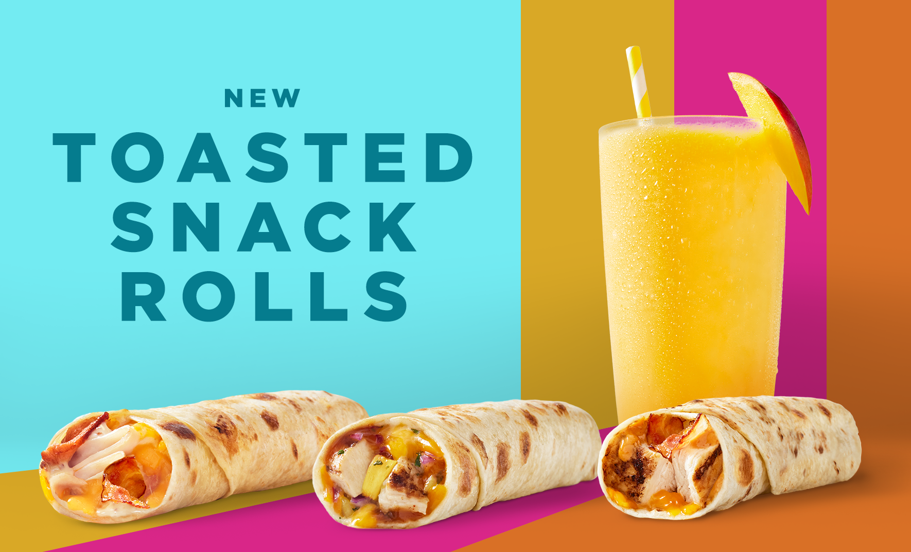 Toasted Snack Rolls in Hawaiian Heat, Bacon Chipotle Chicken & Turkey Bacon Dijon flavors next to smoothie – easy lunch wraps, chicken roll ups, turkey roll ups, wraps to go.