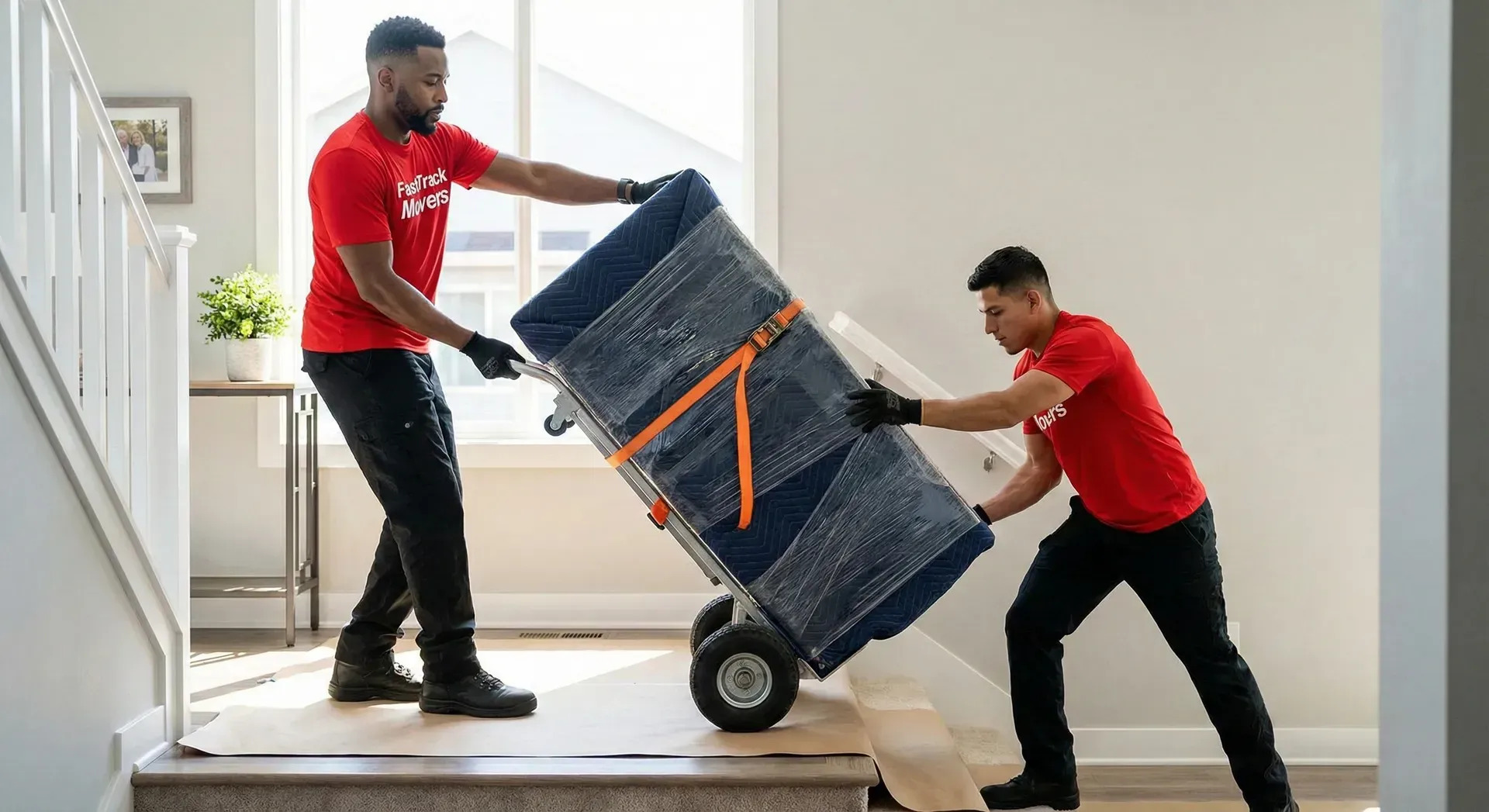 Two professional movers carefully transport a large wrapped furniture piece up residential stairs using a heavy-duty dolly, demonstrating safe lifting techniques, teamwork, protective equipment, and efficient moving service inside.