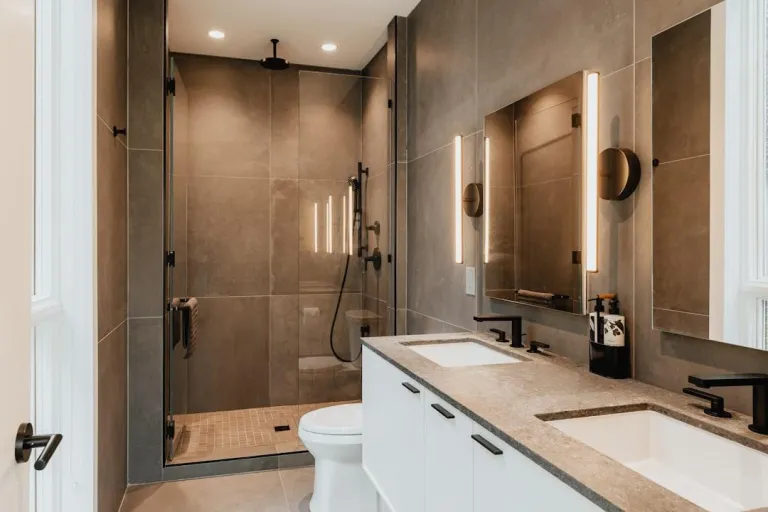 A modern bathroom with a walk-in shower, a double vanity, and a toilet, all featuring sleek, contemporary design elements.