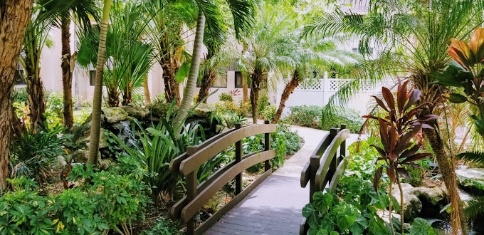 The Solaire At Las Palmas Village exterior with a garden and a bridge