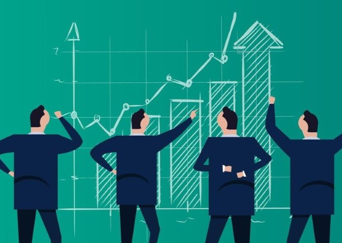 Graphic of men in suits analyzing an uptrend graph on a chalk board.
