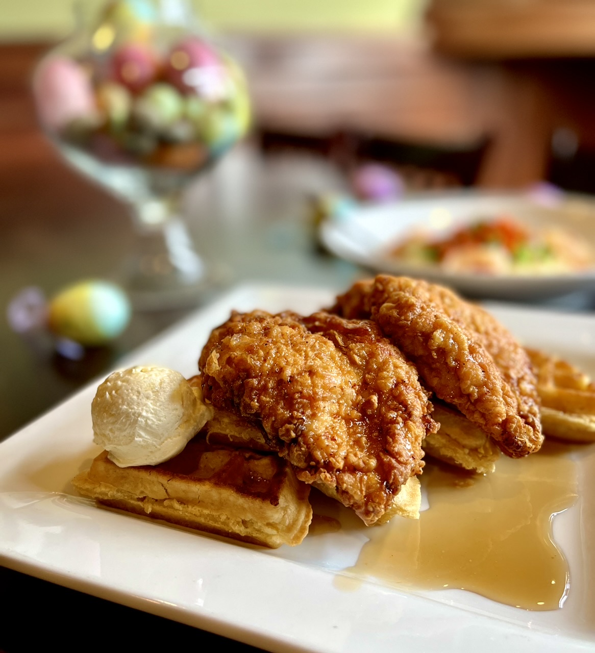 Chicken & Waffles: honey butter & maple syrup