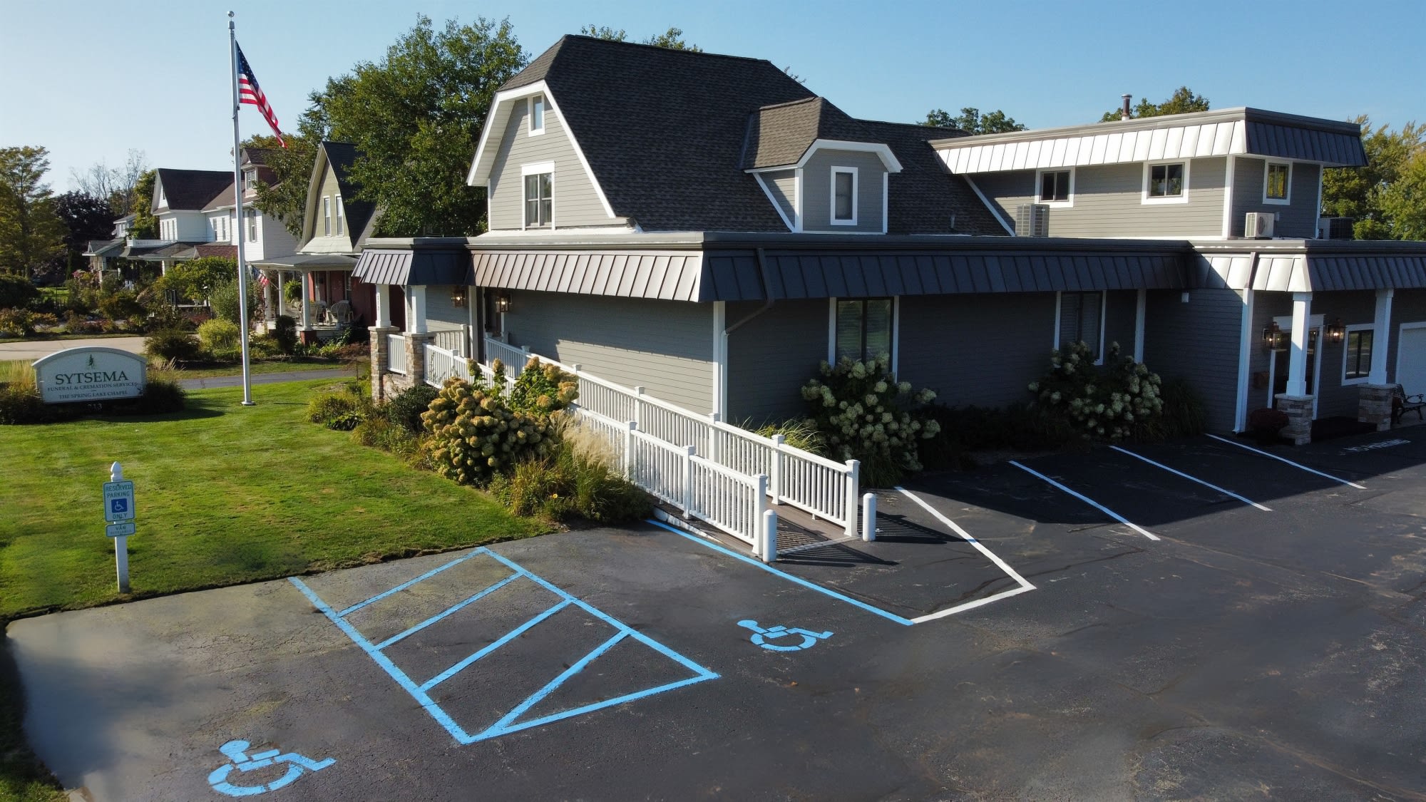 Accessible parking and a covered, ramped entrance at our Spring Lake, Michigan funeral home.