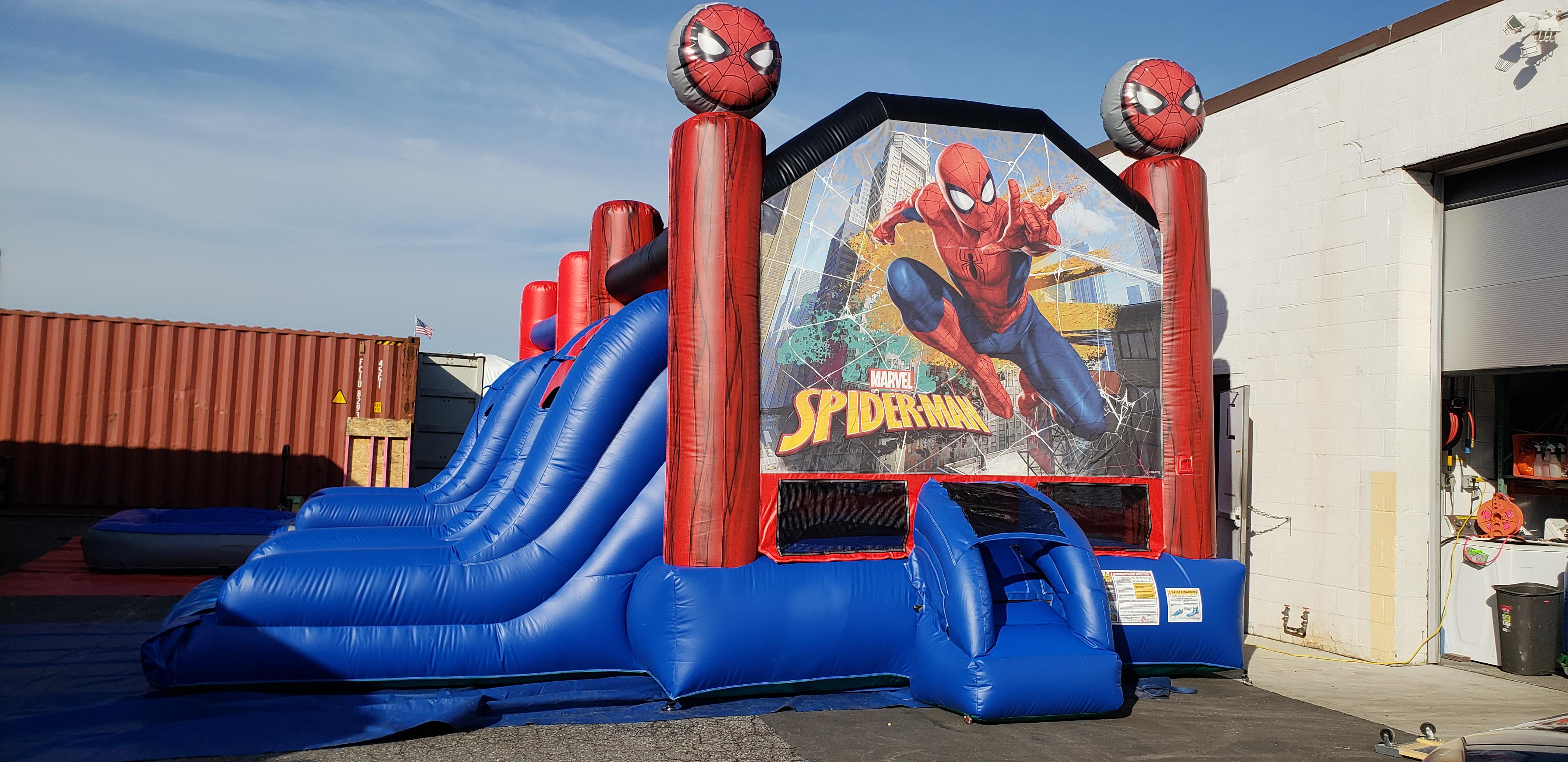 SPIDER-MAN
Kids favorite super hero is here!
Introducing your friendly neighborhood web slinger Spidy.

This Spiderman combo can is used dry.It features non-slip material for water
We would need to know
 when ordering if you want the pool?  or no pool? The pool option is more money

Spiderman inflatable is a licensed inflatable rental. Don't settle for the
cheap funny looking knockoffs out their. Jump And Slide delivers the
very BEST to ALL of our clients.

Kids will bounce and slide with Spiderman rental on Long Island. Including
all the Hamptons for rentals...
Don't forget we also offer kids table and chair rentals. We also have Tent rentals