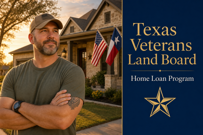 A man in a green t-shirt and a tan baseball cap with an American flag patch stands in front of a house. He has his arms crossed and is looking to the left. In the background, two flags, the American flag and the Texas flag, are displayed in front of the house. The right side of the image has text that reads "Texas Veterans Land Board Home Loan Program" with a star symbol below it.