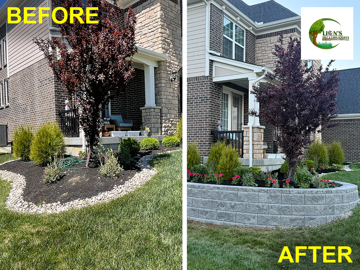 We recently reworked this landscaping bed for a home in Mason, Ohio. The challenge was that the bed went down hill. We created a retaining wall and back-filled it with dirt, then added new plants into this new bed. The end result is cleaner and it adds curb appeal to the home. Does your landscaping need redone? Call us today for a free estimate.