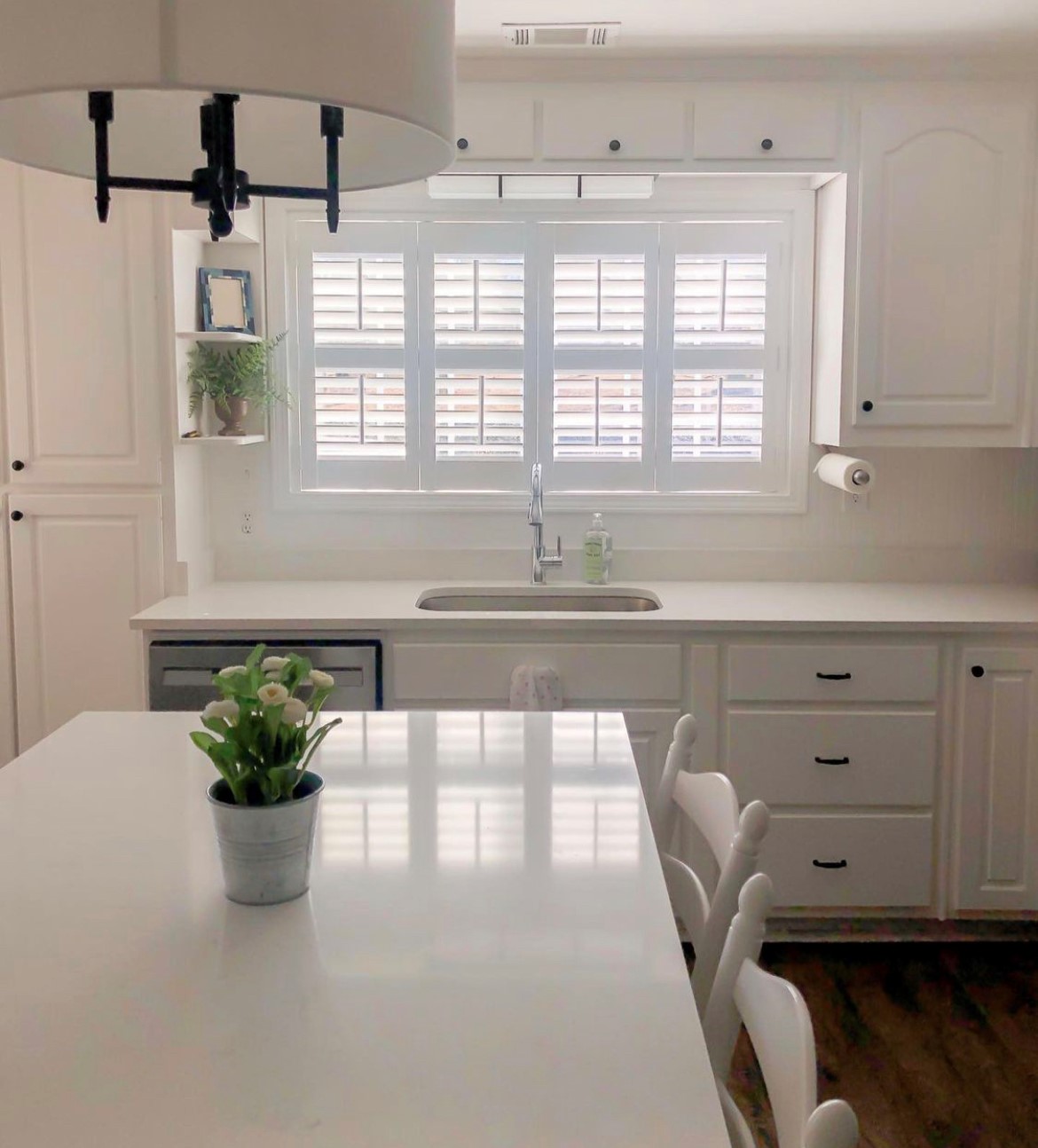 Shutters are a clean, classic look for any kitchen. At Budget Blinds of Rockwall, Forney, Terrell, and Greenville, our large selection of colors that compliment your style.