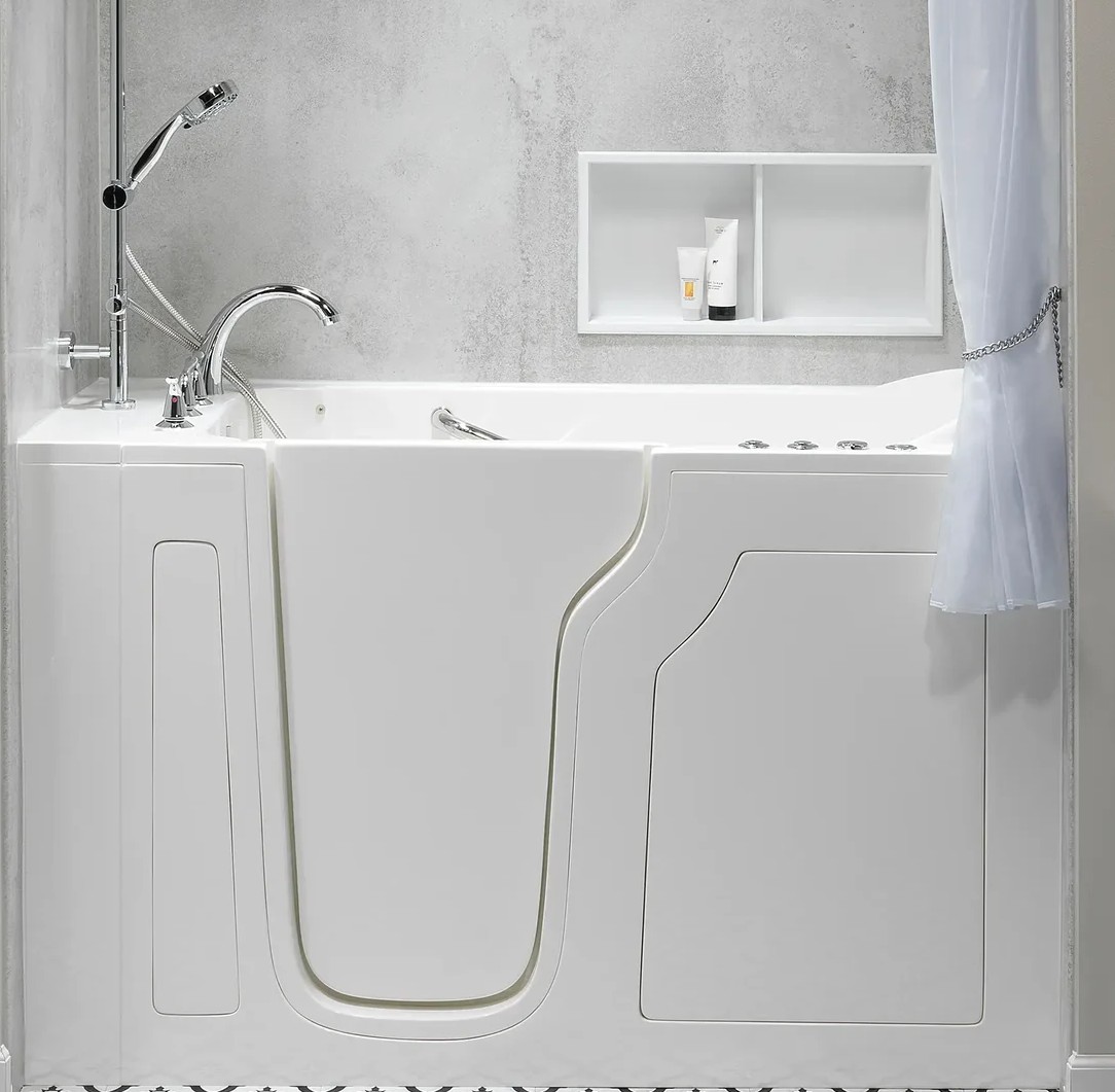 Walk-in bathtub with easy-access door and modern chrome fixtures