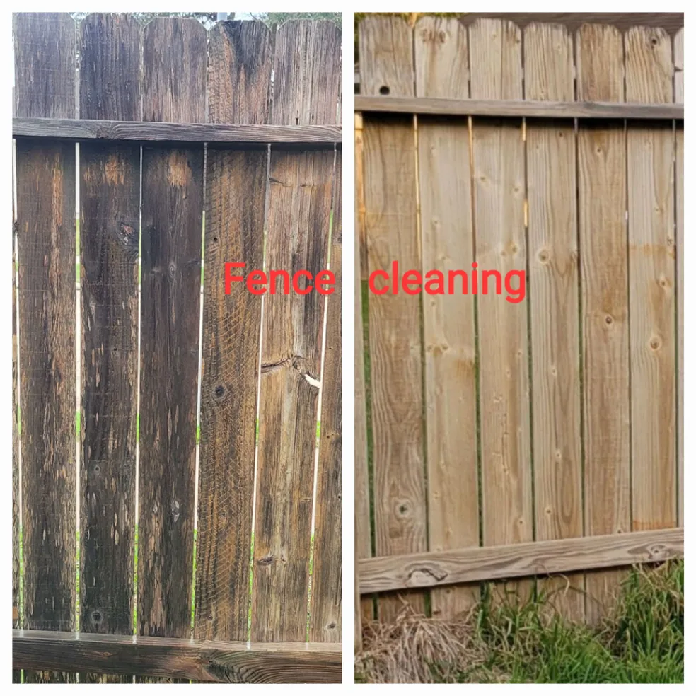 A split image showing a before and after comparison of a wooden fence cleaning. The left side shows a dirty, weathered fence, while the right side displays a clean, lighter-colored fence. Red text overlays the image, reading "Fence cleaning."