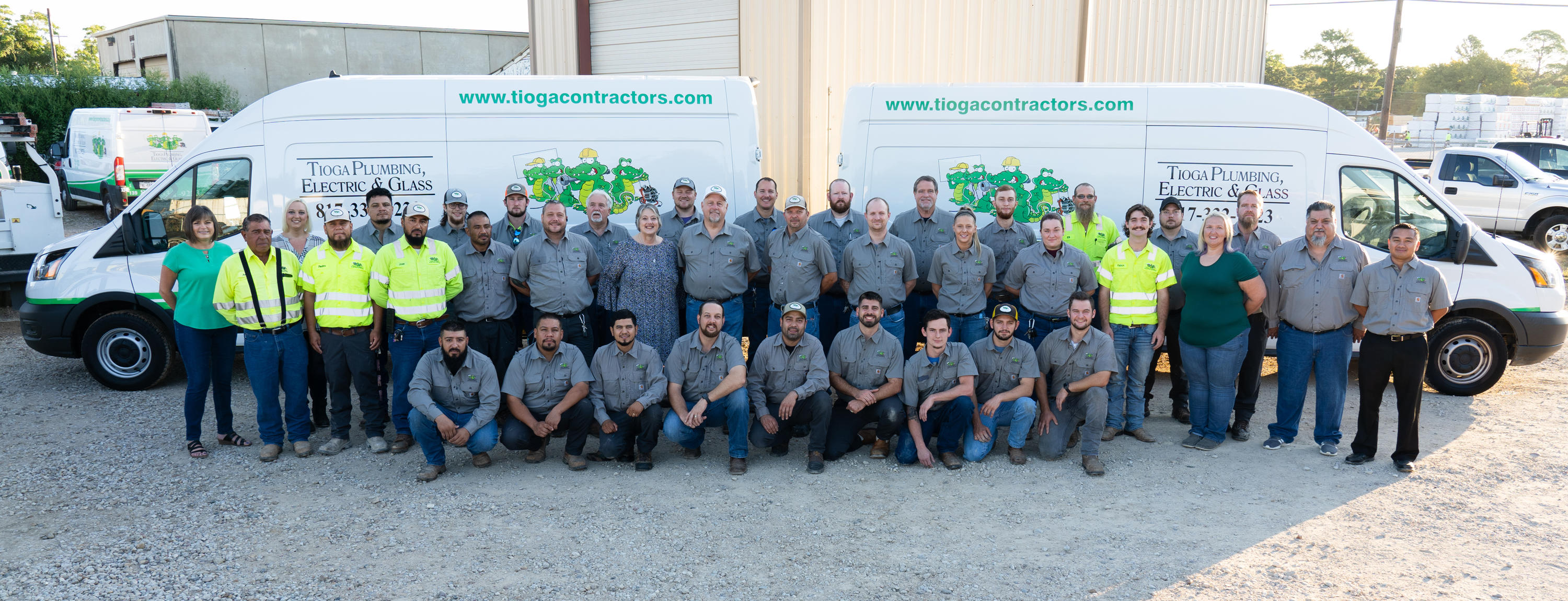 The Tioga Contractors team with their utility vans ready for Plumbing Service and Electrical Services in the Euless, TX area.