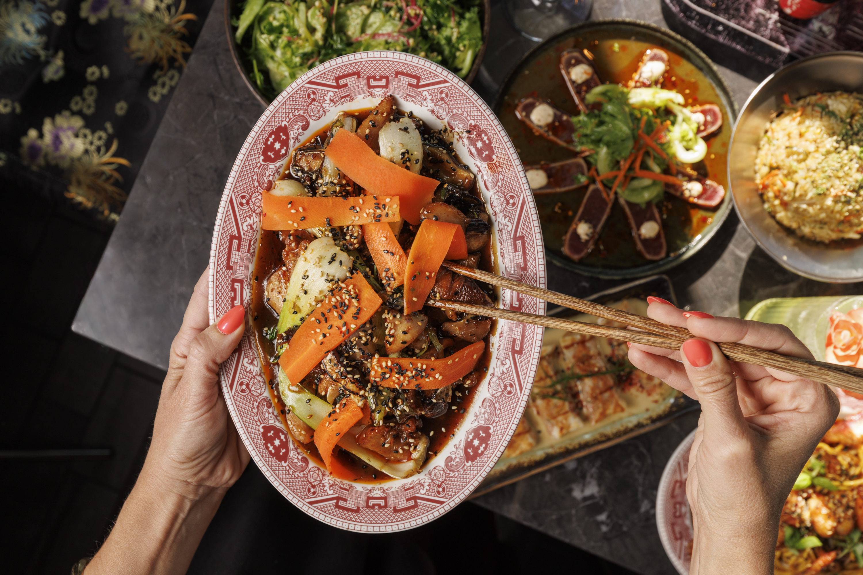 Ginger Chicken: Miso-sake chicken, shiitake, bok choy, Shogayaki ginger glaze, hot sesame