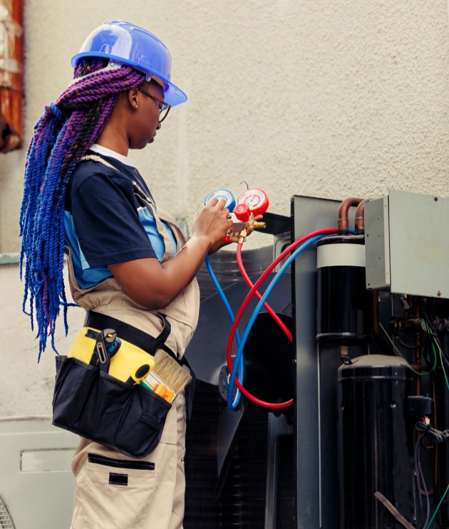A person wearing a blue hard hat, safety glasses, and overalls is working on an air conditioning unit. They are holding a manifold gauge set with red and blue hoses connected to the unit. A tool belt with various tools, including brushes and a wrench, is worn around their waist. The background is a textured wall.