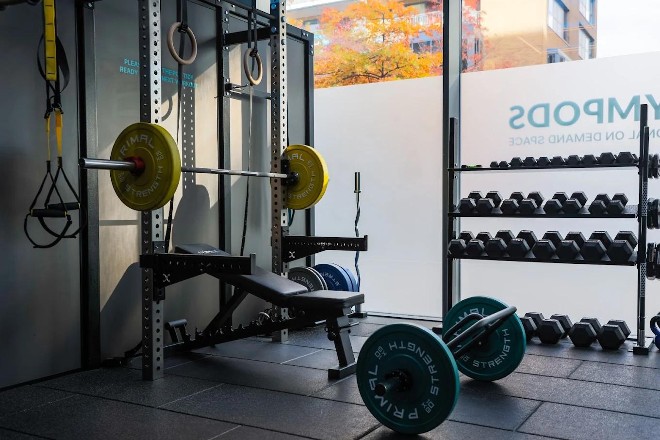 Strength POD at GYMPODS Putney with squat rack, Olympic barbell, bench and dumbbell rack in a private gym space.