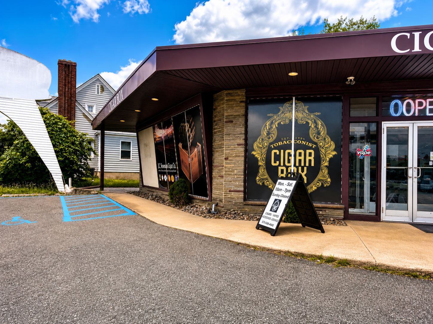 The welcoming storefront of CigarBox Tamaqua features clear branding, convenient customer parking, and an inviting entrance to a premium cigar shop. Visit to explore a wide selection of premium cigars, tobacco products, cigar accessories, and exceptional customer service in Tamaqua, Pennsylvania.