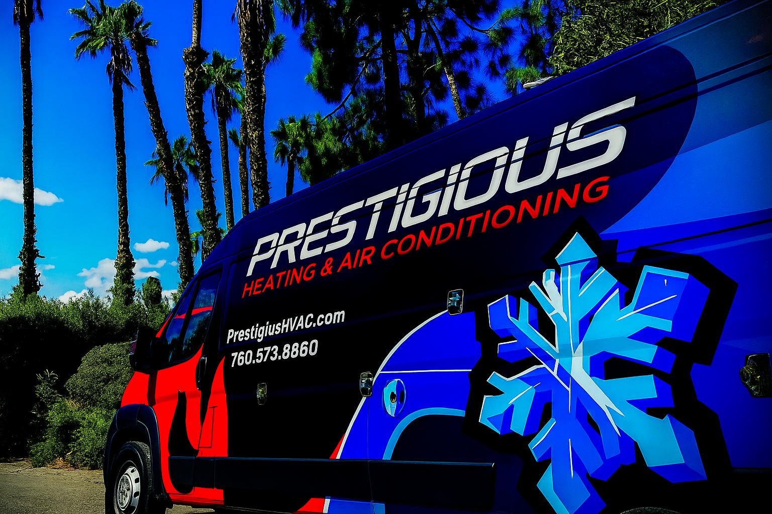 Prestigious Heating & Air Conditioning branded service vehicle providing residential and commercial HVAC repair, installation, maintenance, heat pump, furnace, and air conditioning services throughout North County San Diego.