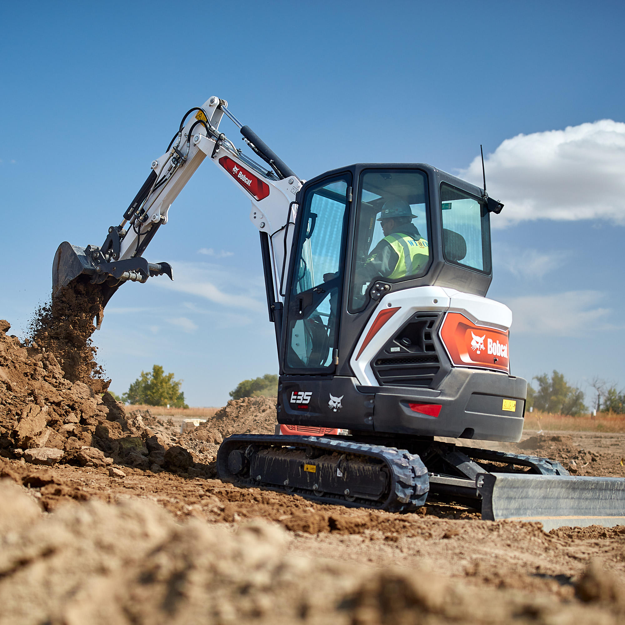 Bobcat E35 compact excavator with clamp and bucket