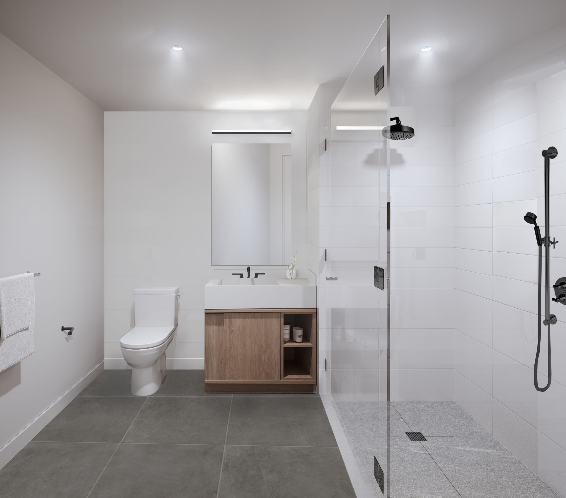 Glass doors and ceramic tile in showers.