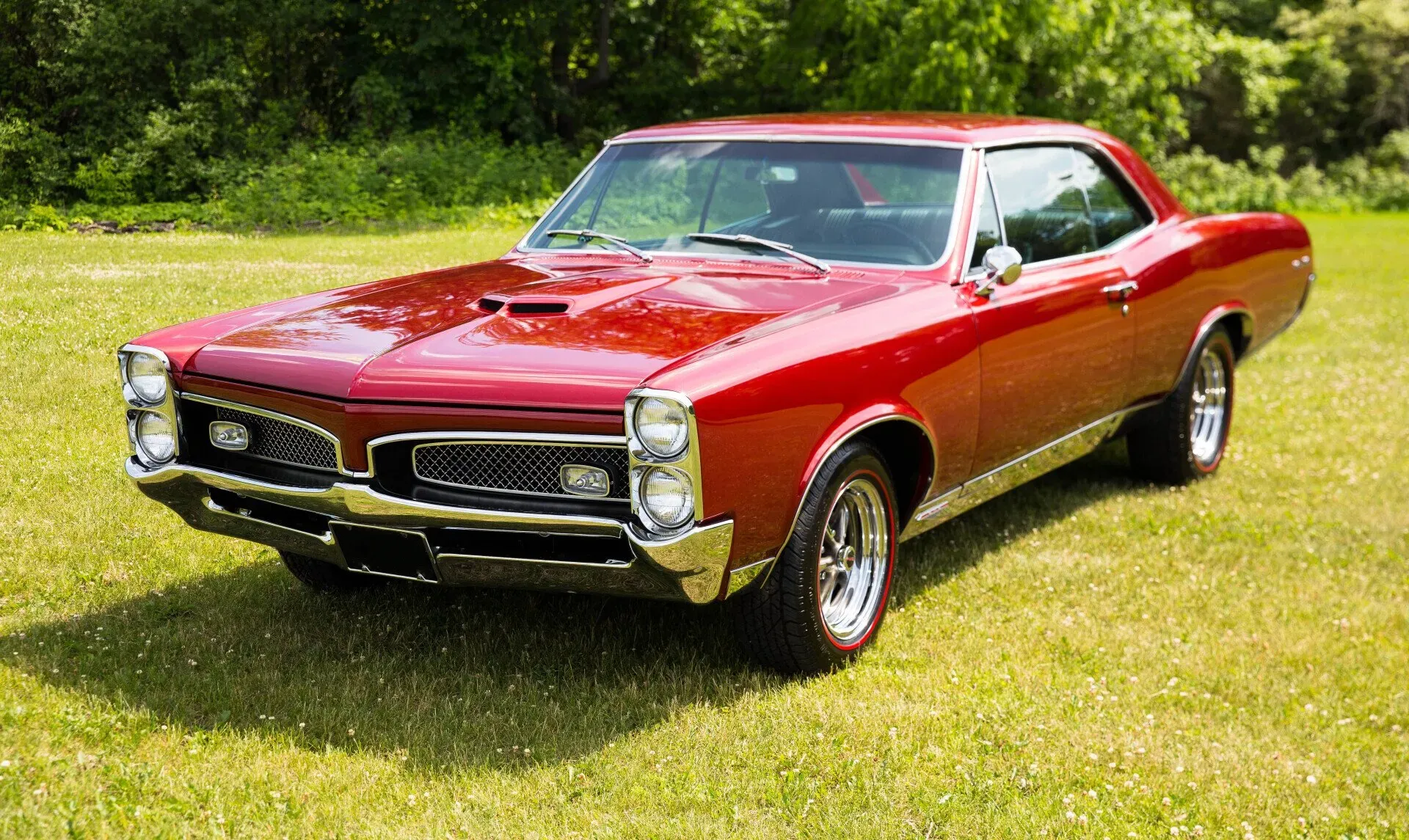 A shiny red vintage Pontiac GTO coupe is parked on a lush green lawn with trees in the background. The car features a chrome grille, dual headlights, and classic styling.