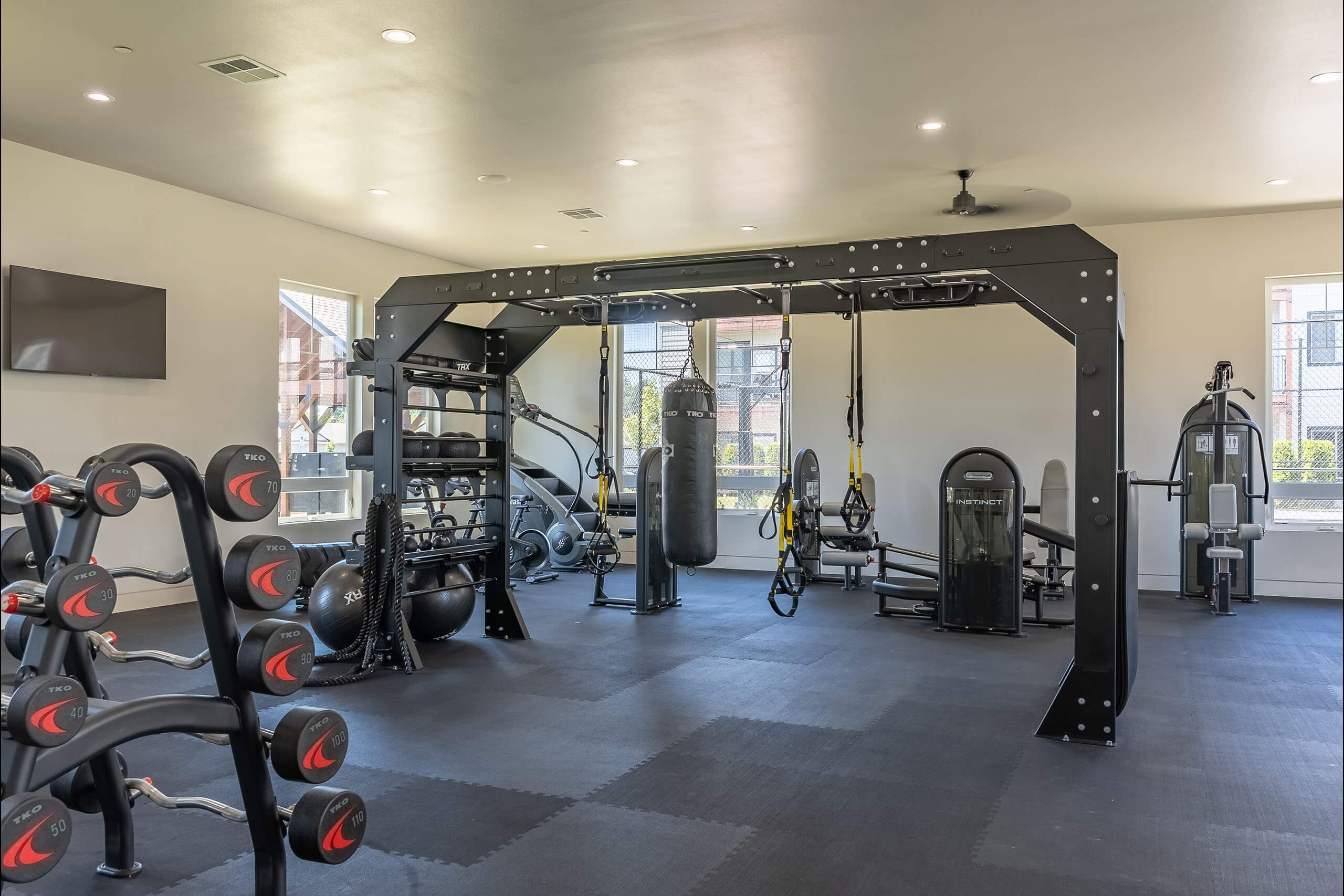 A gym with a variety of equipment including a squat rack, bench press, and a pull up bar.