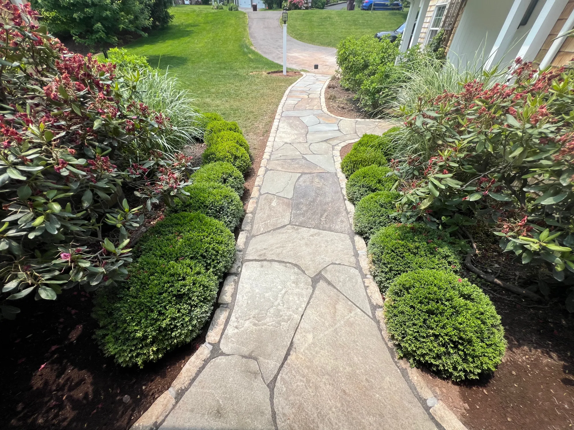 Finished bluestone walkway in West Hartford - Bluestone Walkway, West Hartford project by General Masonry LLC.
