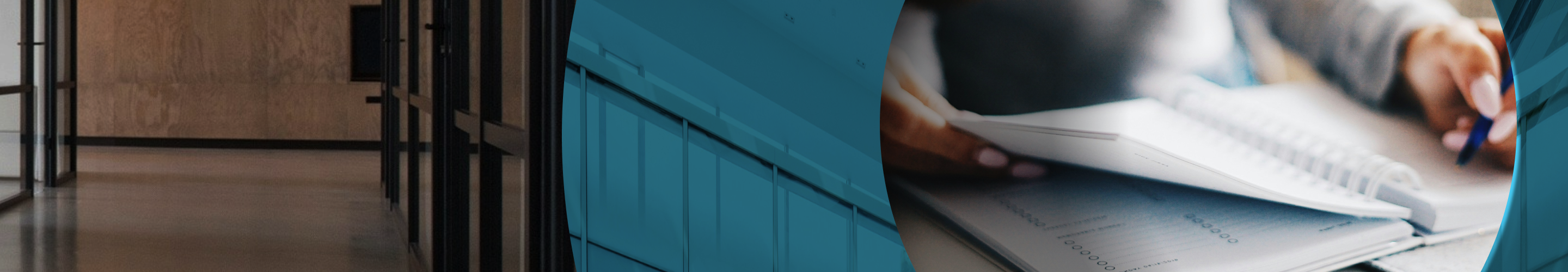 Collage featuring an image an empty hallway and a person writing in a workbook.