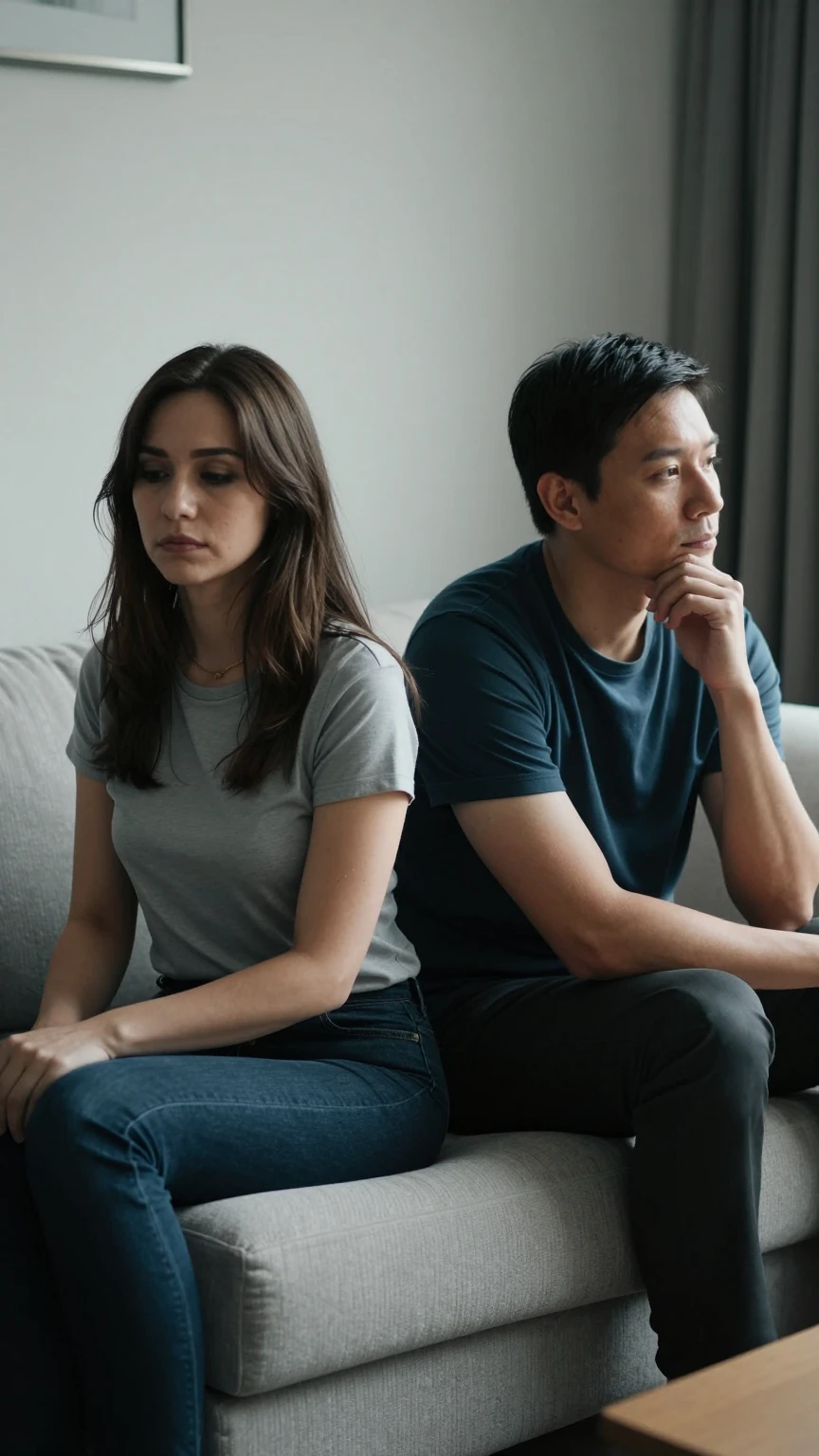 A couple is sitting back to back on a couch, appearing to be in a state of emotional distance or disagreement. The woman on the left is looking down with a somber expression, while the man on the right is looking off to the side with his hand on his chin, his gaze thoughtful or distant. They are both dressed casually in t-shirts and jeans, and the setting appears to be a living room with a plain wall and curtains in the background.